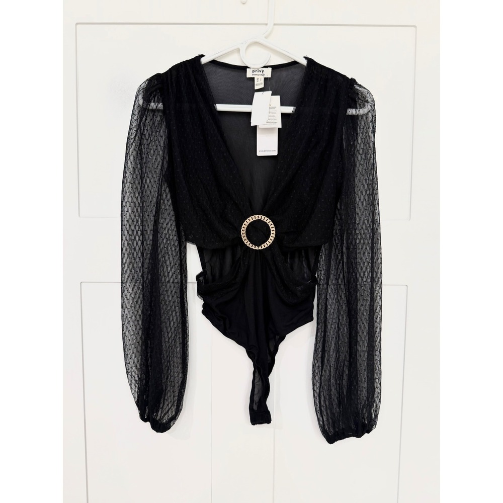 Privy Black Mesh V-Neck‎ Bodysuit Gold Ring Detail Long Balloon Sleeve Small NWT